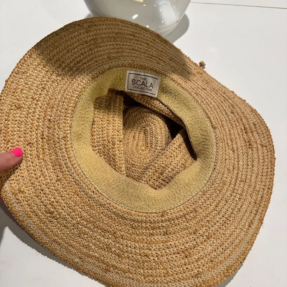 Scala Crocheted Raffia Straw Sun Hat Wide Brim Bow One size